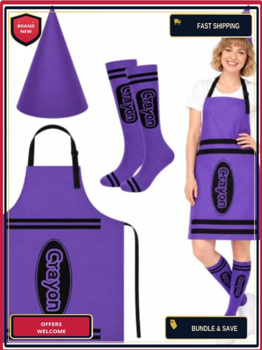 SOPAYL Crayon Costume Set 3 Pc Apron Cone Hat Socks Unisex Adult Halloween